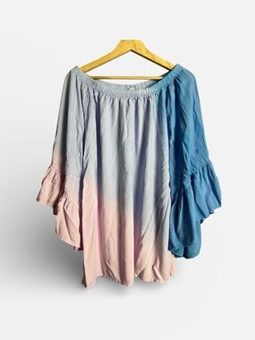 VENUS Ombre Off-Shoulder Bell Sleeve Top - Blue Pink